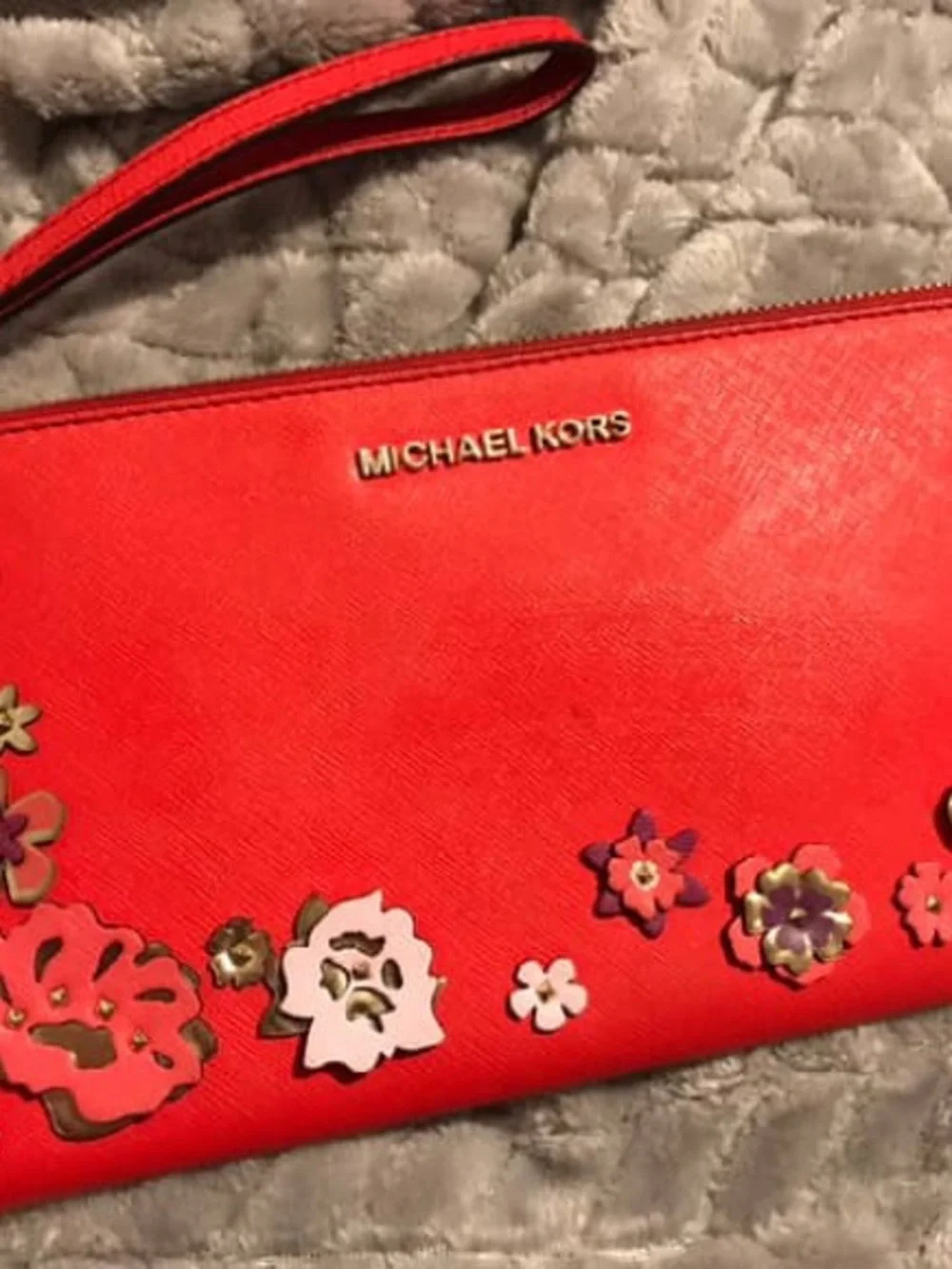 SOLD Michael Kors Red Saffiano Leather 3D Floral Wristlet Clutch